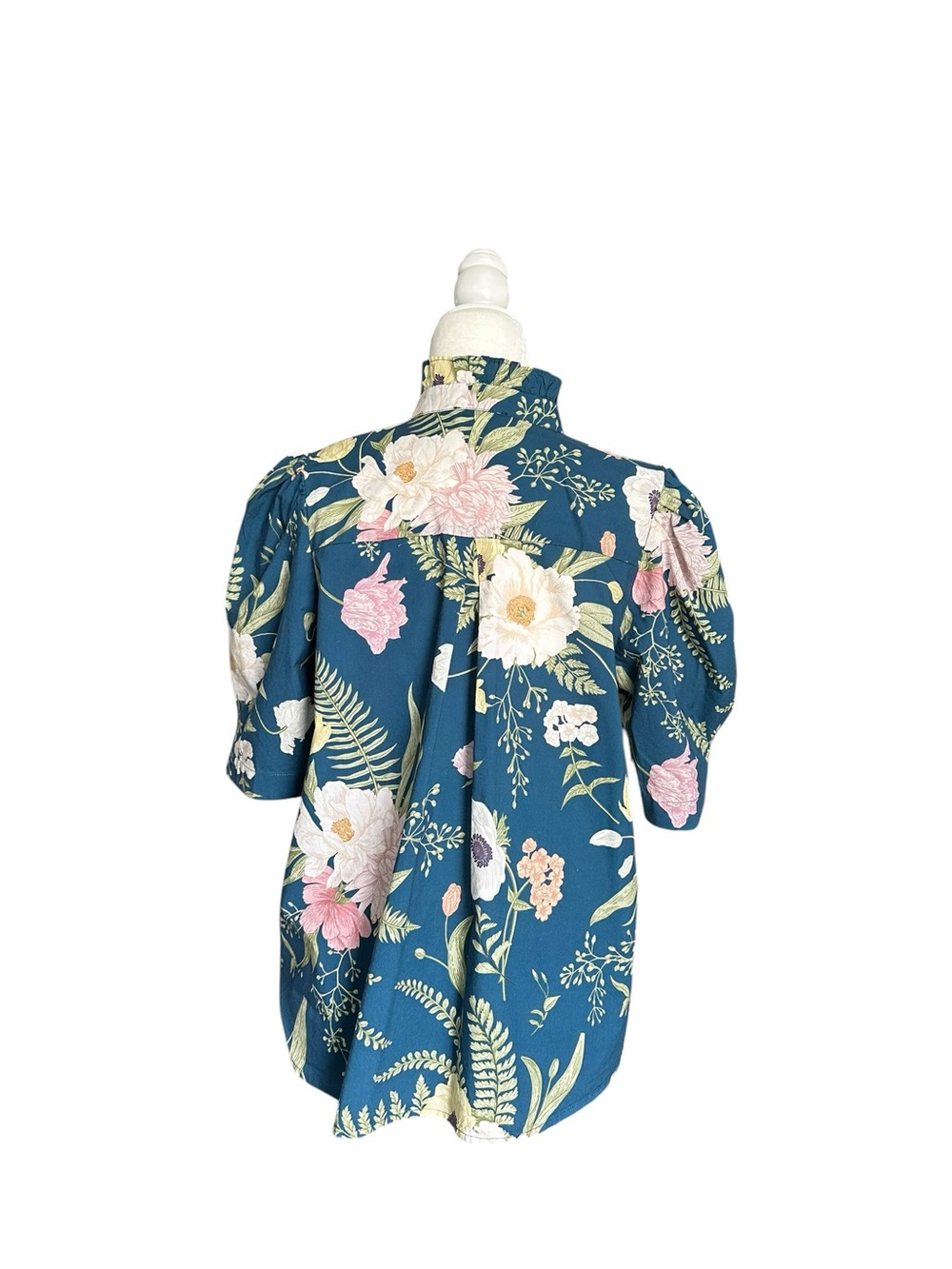 Entro blue teal floral short sleeved blouse puff sleeves frill collar size M - Picture 3 of 3